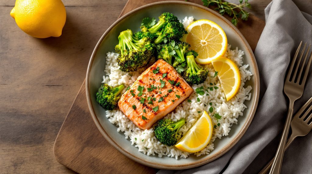 Lachs mit Brokkoli und Reis