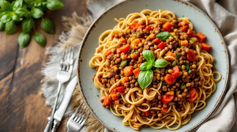 Vollkornnudeln mit Linsenbolognese