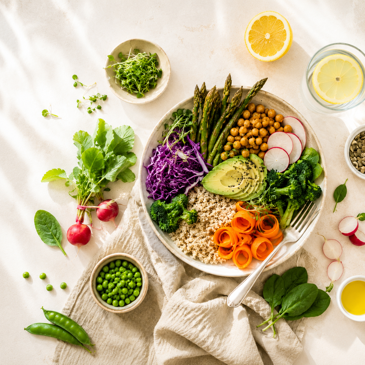 Gesunde Ernährung mit einer bunten Bowl aus frischem saisonalem Gemüse aus der DACH-Region