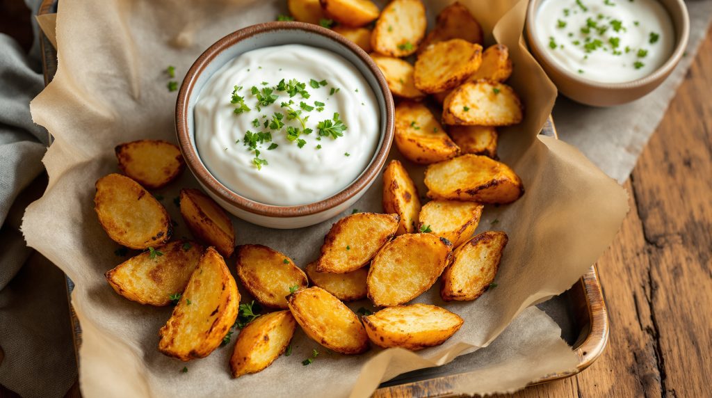Blech-Kartoffelspalten mit Quark-Dip