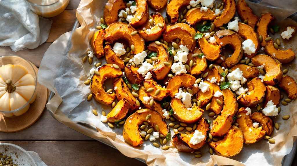 Blech-Kürbis mit Feta und Kernen
