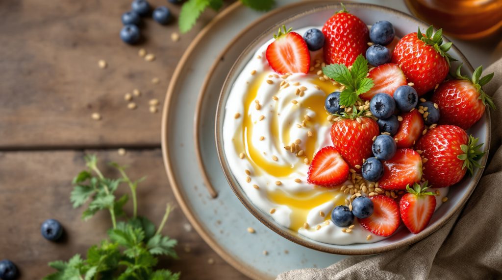 Joghurt-Bowl mit Leinsamen und Obst