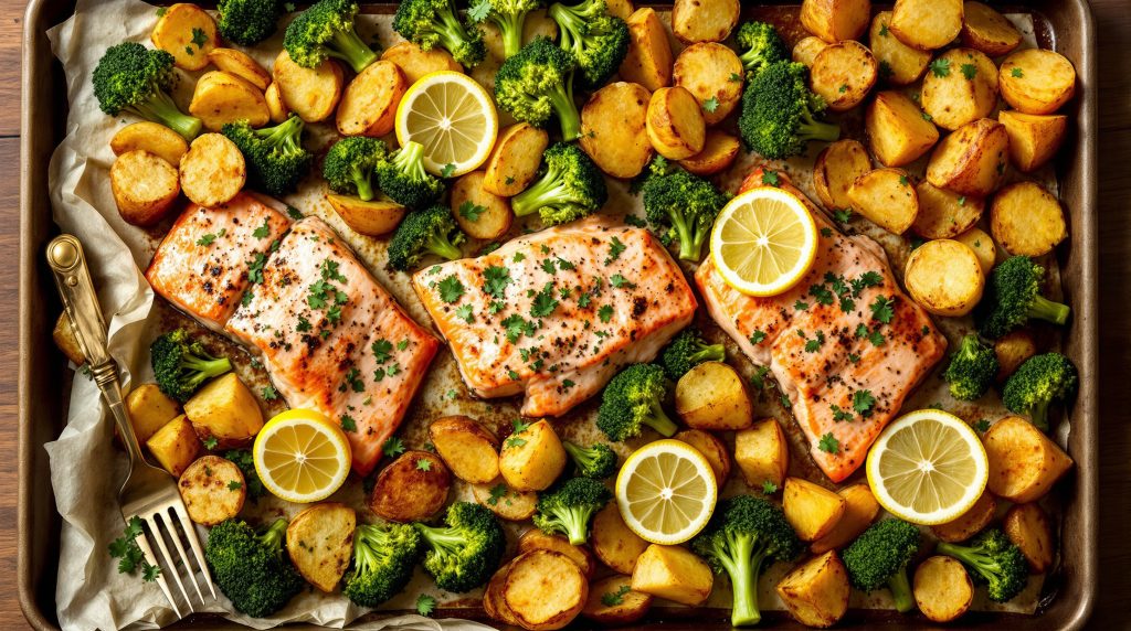 Lachs vom Blech mit Brokkoli und Kartoffeln