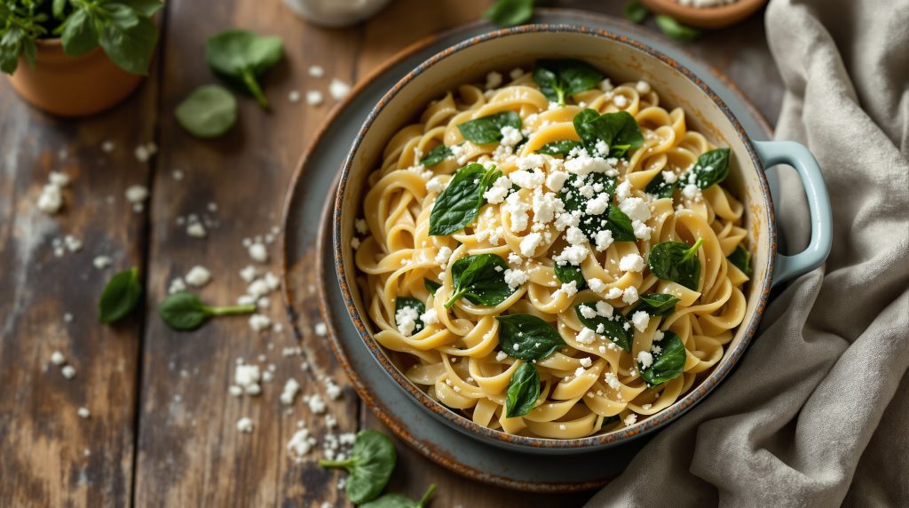 One-Pot-Nudeln mit Spinat und Feta