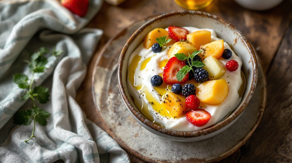 Quark-Bowl mit Obst und Leinöl