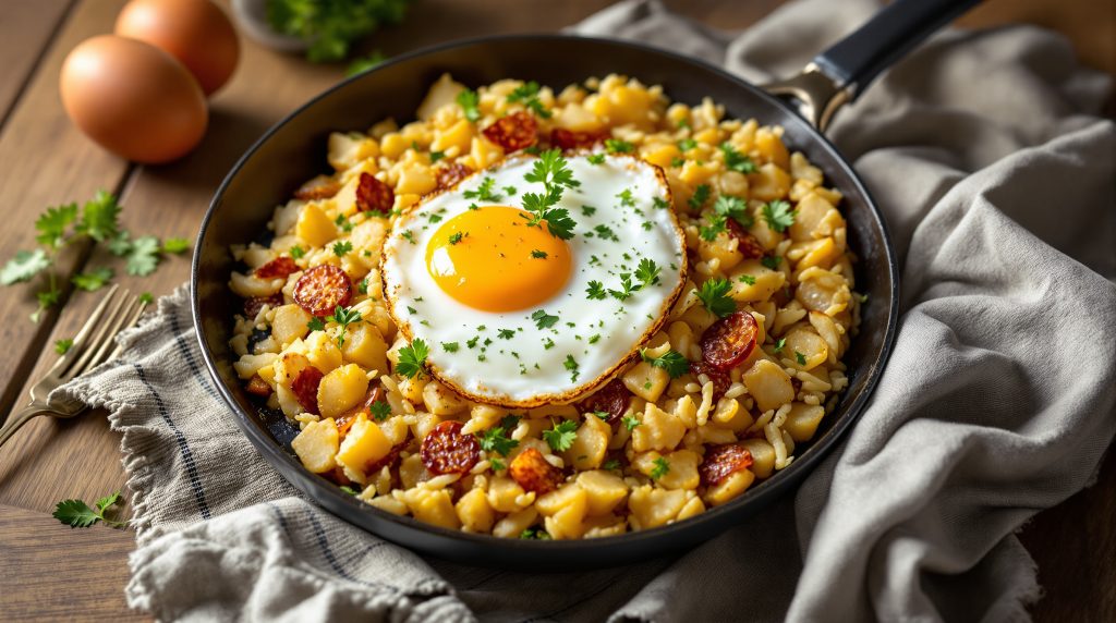 Sauerkraut-Pfanne mit Kartoffeln und Ei