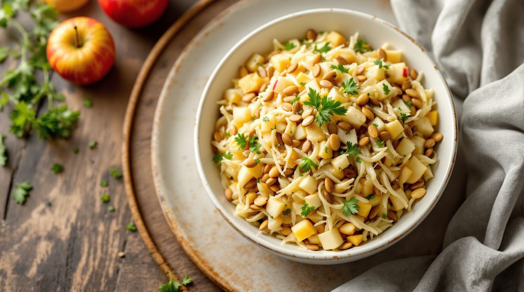 Sauerkraut-Salat mit Apfel und Kernen