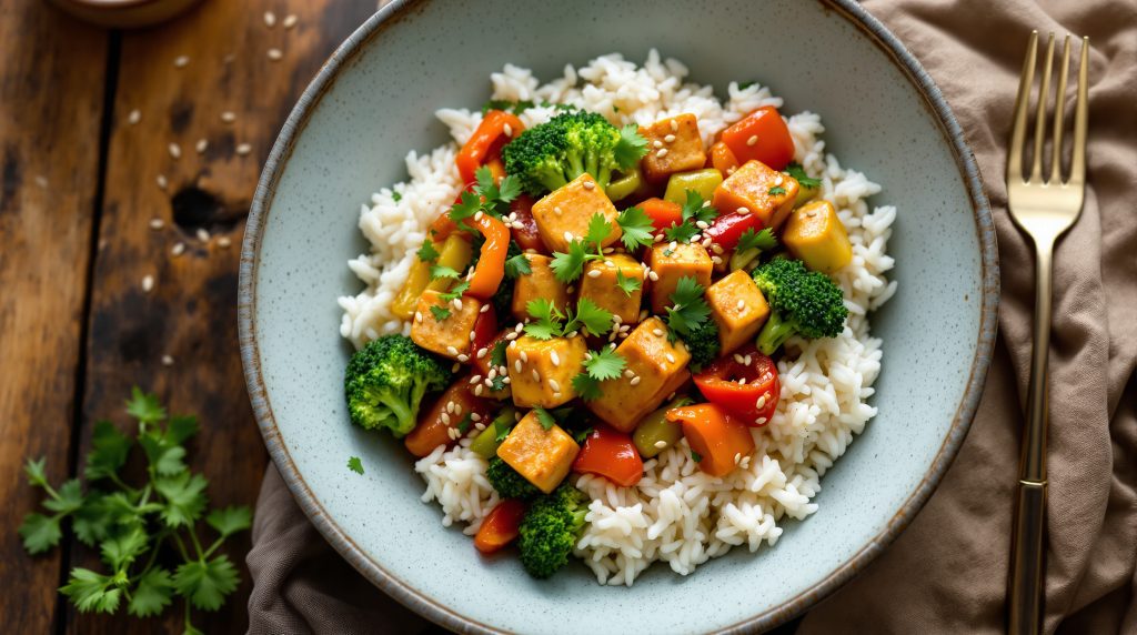 Tempeh-Bowl mit Gemüse und Reis