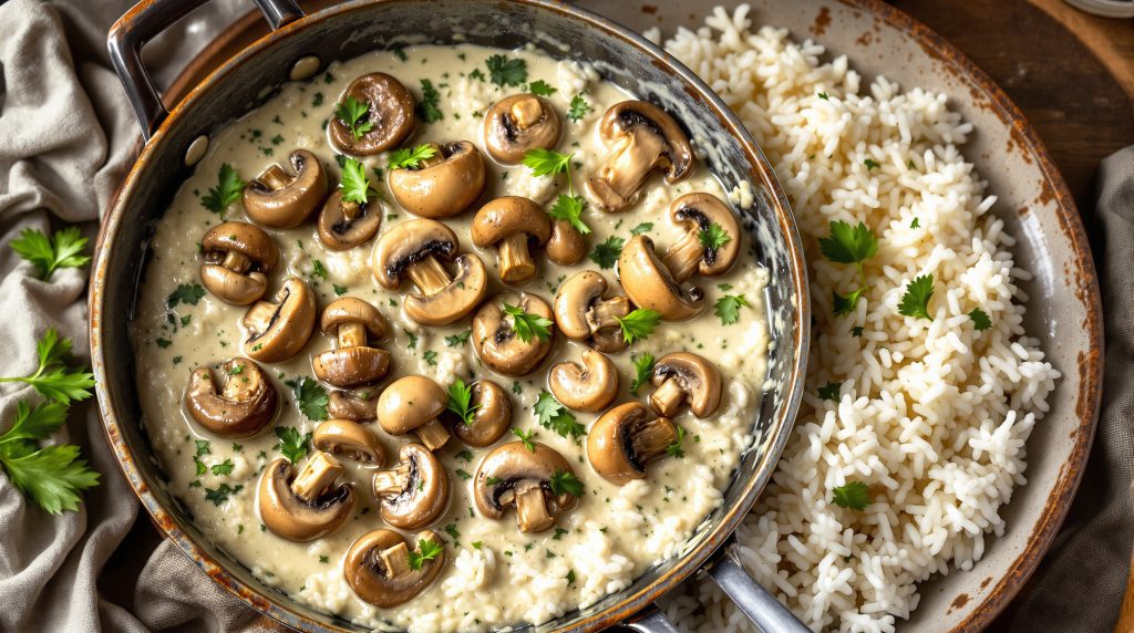 Champignon-Rahm-Pfanne mit Reis
