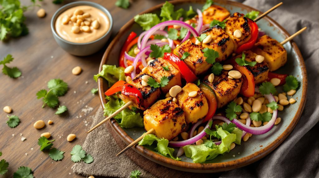 Gegrillter Tempeh-Spieß mit Erdnuss-Dip