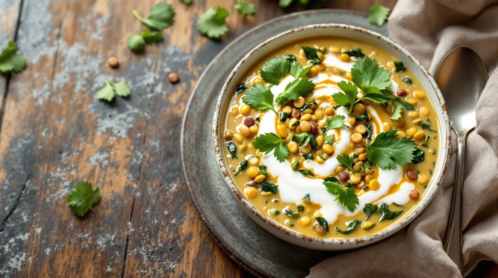 Linsen-Kokos-Suppe mit Spinat