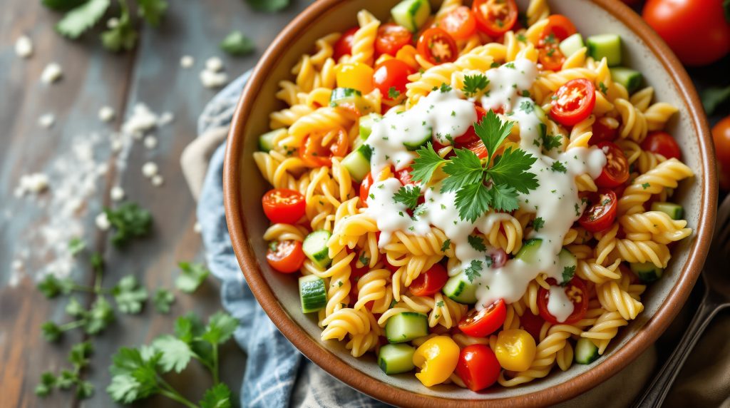 Nudelsalat mit Gemüse und Joghurt-Dressing