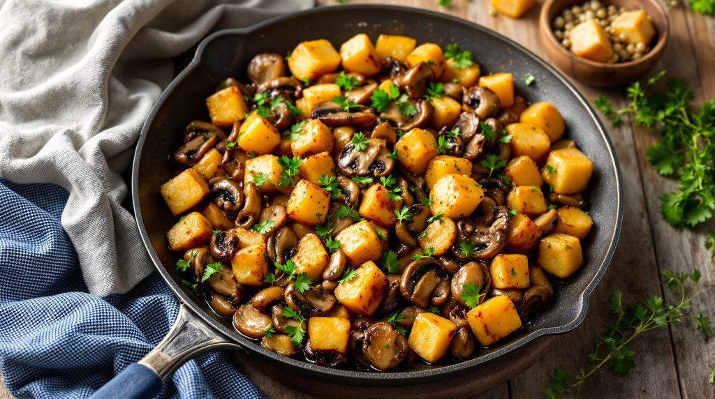 Pilzpfanne mit Kräutern und Bratkartoffeln