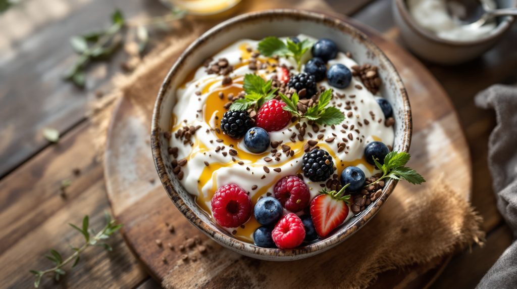 Skyr-Bowl mit Kakaonibs und Hanfsamen