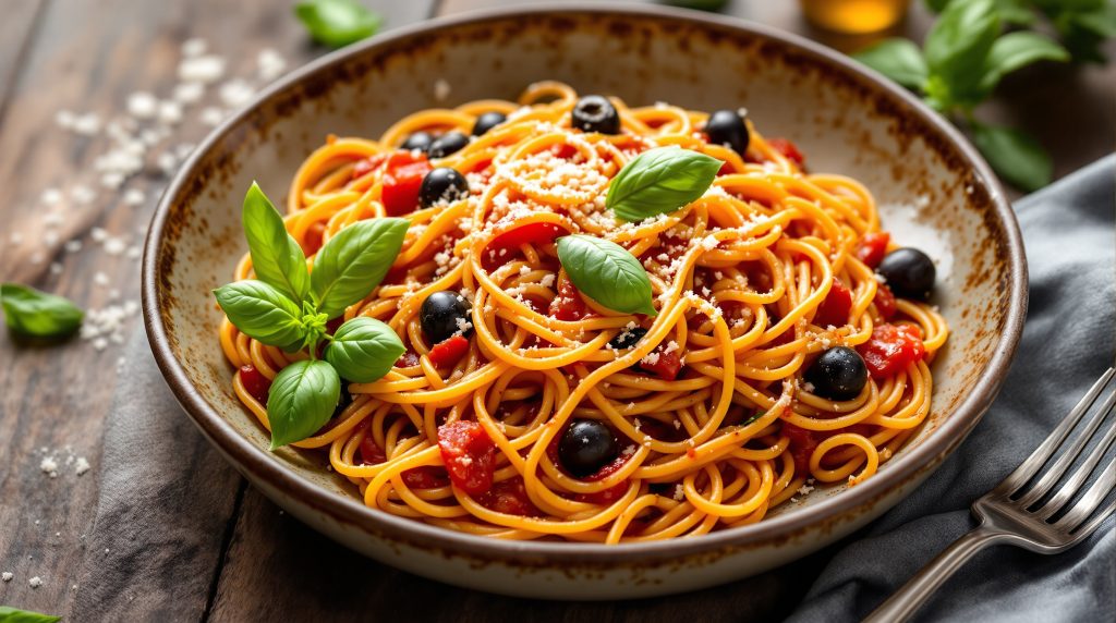Spaghetti mit Tomaten-Oliven-Sauce