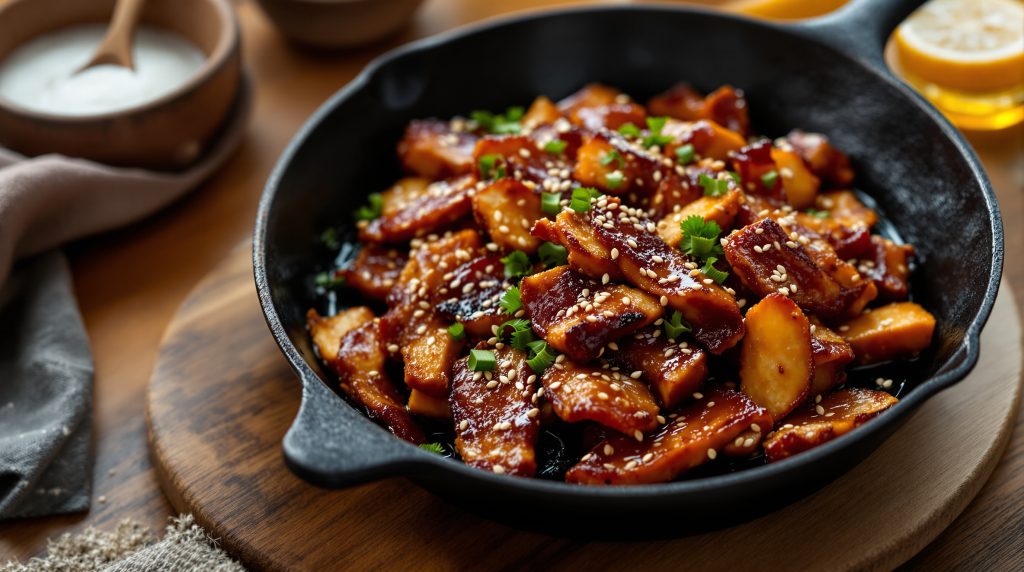 Tempeh-Bacon aus der Pfanne