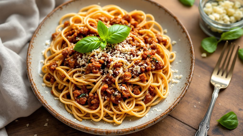Tempeh-Bolognese mit Vollkornnudeln