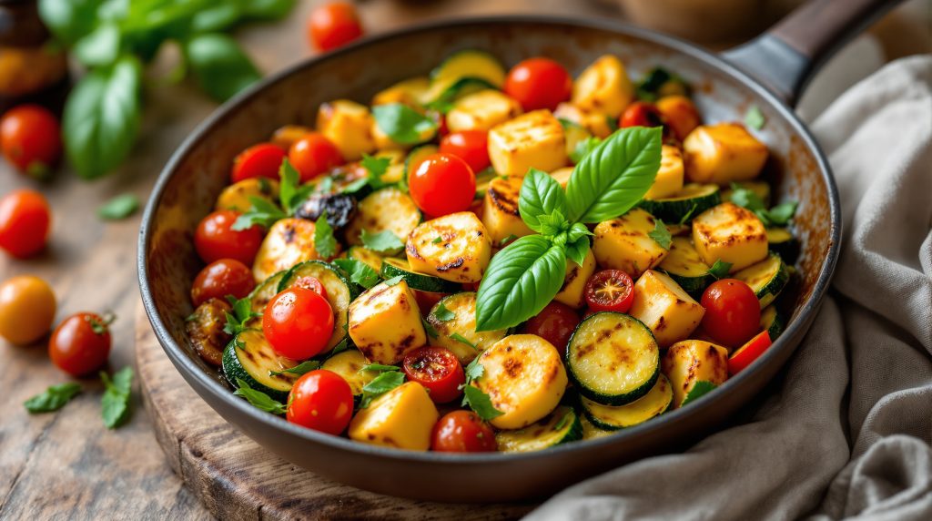 Zucchini-Tomaten-Pfanne mit Halloumi